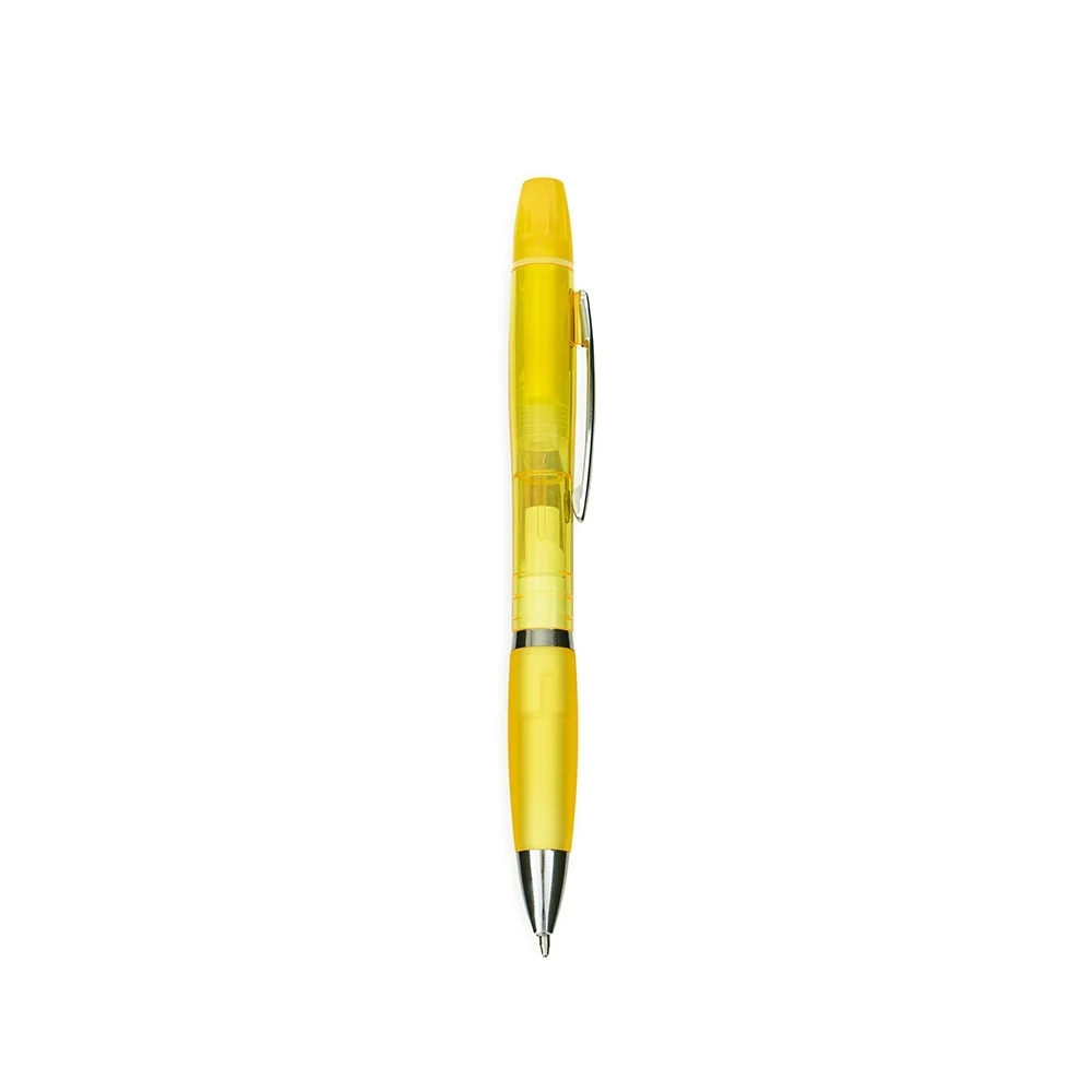 Caneta Plástica com Marca-Texto, cor AMARELO