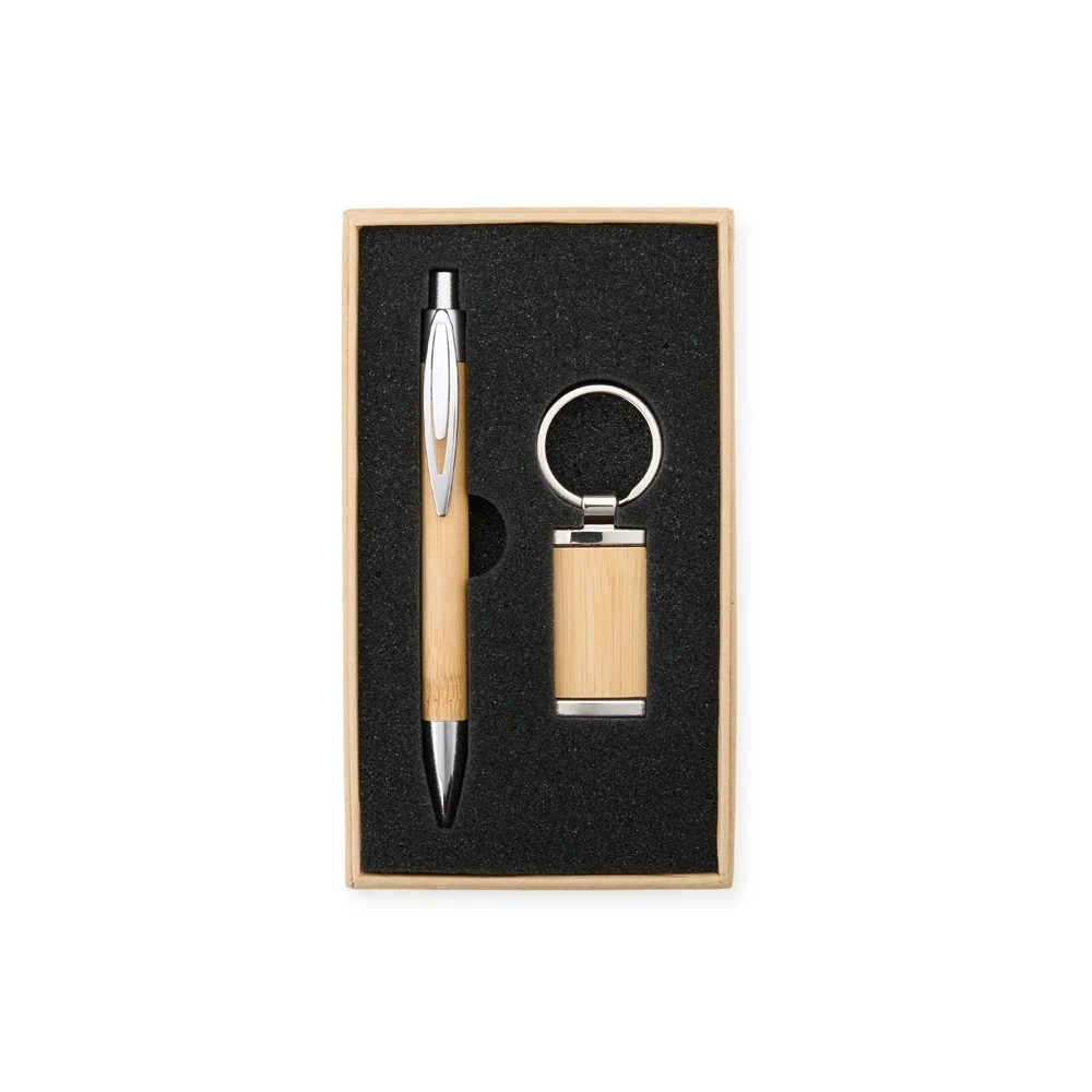 Kit Caneta e Chaveiro Bambu, cor BEGE